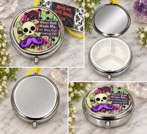 Handmade Skull Mustache Mirrored Pill Box “When God Made Me” Rhinestone Trinket